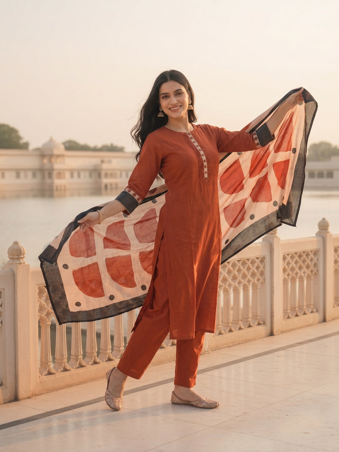 Solid Kantha Sequin Straight Kurta with Pyjama & Dupatta - Maroon