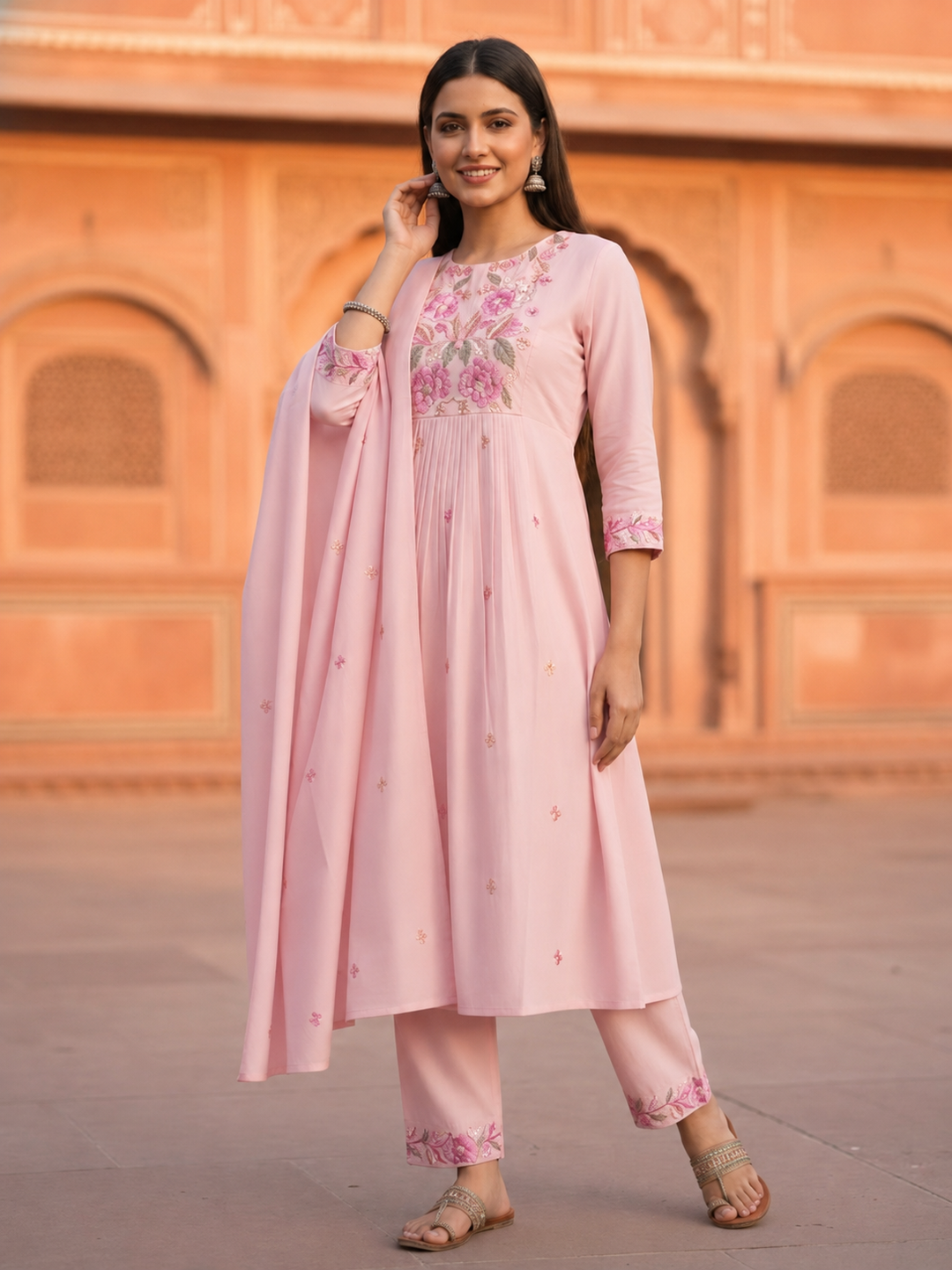 Solid Floral Embroidered A-Line Three-Panel Kurta with Pyjama & Dupatta - Pink