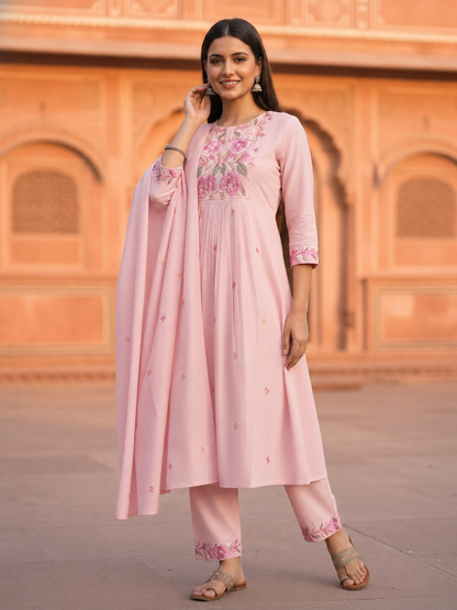 Solid Floral Embroidered A-Line Three-Panel Kurta with Pyjama & Dupatta - Pink