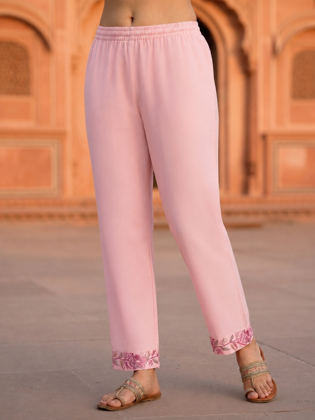 Solid Floral Embroidered A-Line Three-Panel Kurta with Pyjama & Dupatta - Pink