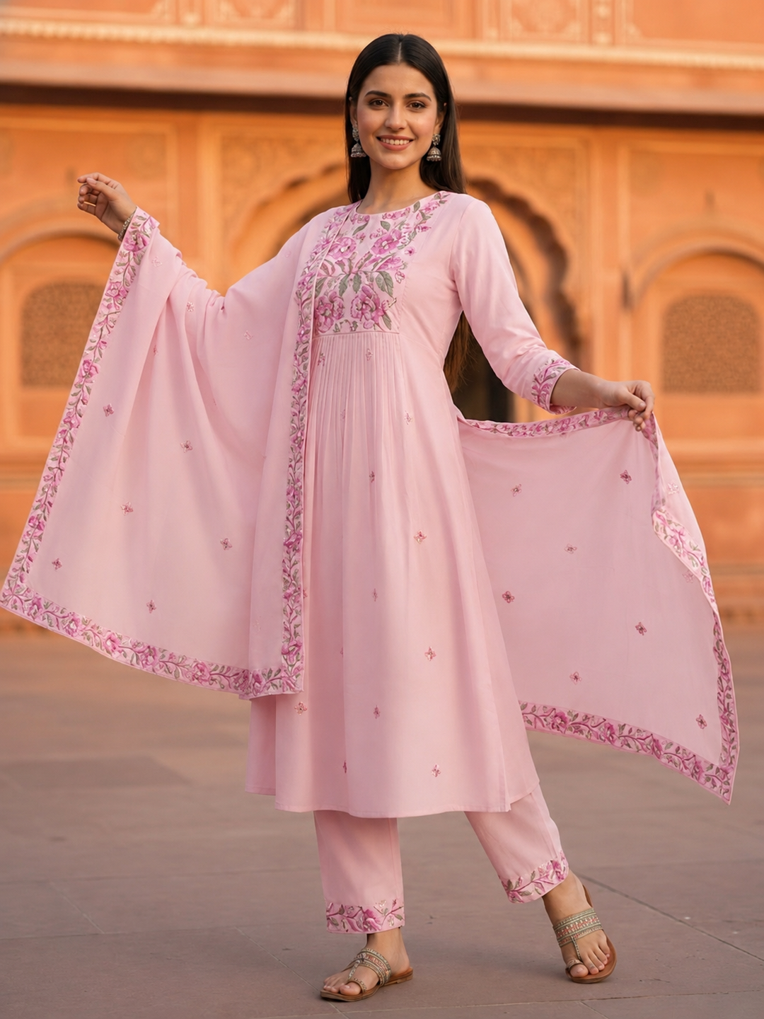 Solid Floral Embroidered A-Line Three-Panel Kurta with Pyjama & Dupatta - Pink
