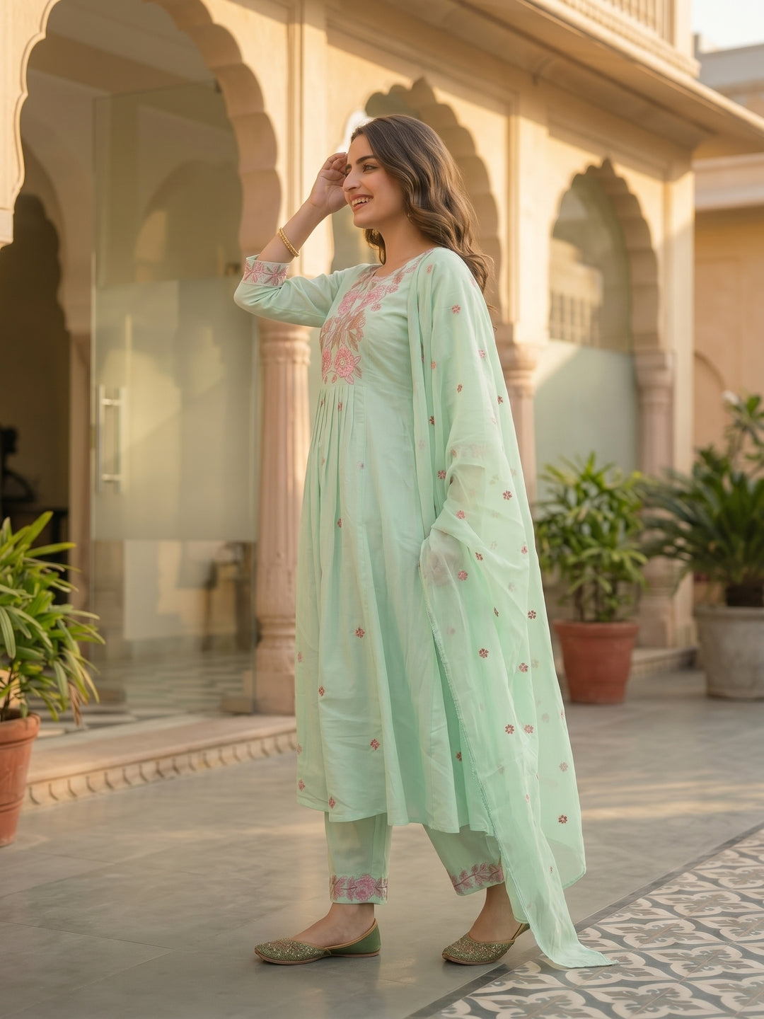 Solid Floral Embroidered A-Line Three-Panel Kurta with Pyjama & Dupatta - Sea Green