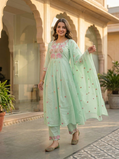 Solid Floral Embroidered A-Line Three-Panel Kurta with Pyjama & Dupatta - Sea Green