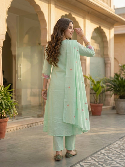 Solid Floral Embroidered A-Line Three-Panel Kurta with Pyjama & Dupatta - Sea Green