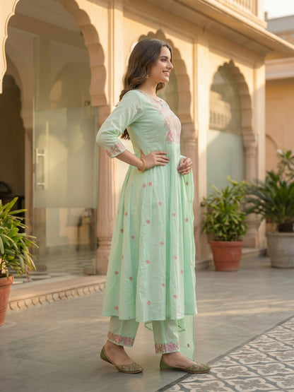Solid Floral Embroidered A-Line Three-Panel Kurta with Pyjama & Dupatta - Sea Green
