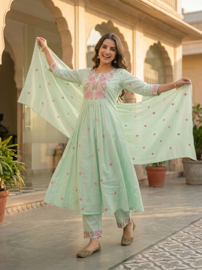 Solid Floral Embroidered A-Line Three-Panel Kurta with Pyjama & Dupatta - Sea Green