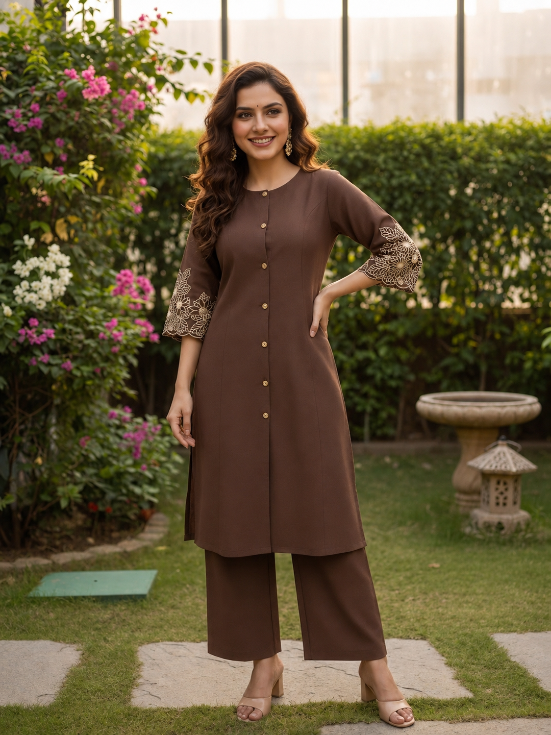 Solid Embroidered A-line Kurta with Palazzo- Brown