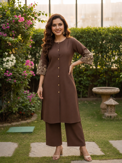 Solid Embroidered A-line Kurta with Palazzo- Brown