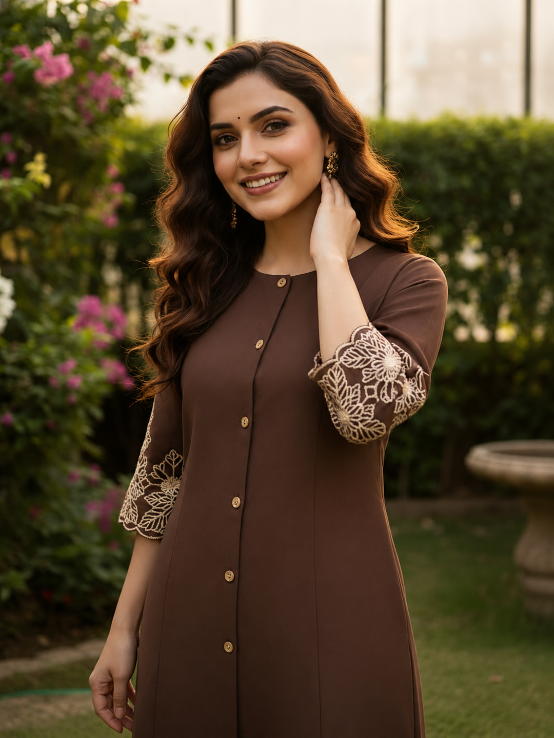 Solid Embroidered A-line Kurta with Palazzo- Brown
