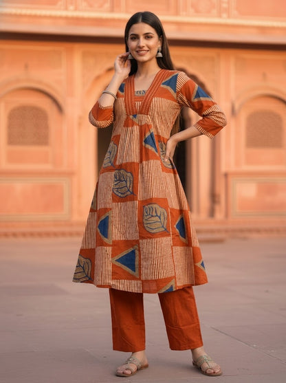 Abstract Printed A-line Kurta with Pyjamas- Rust