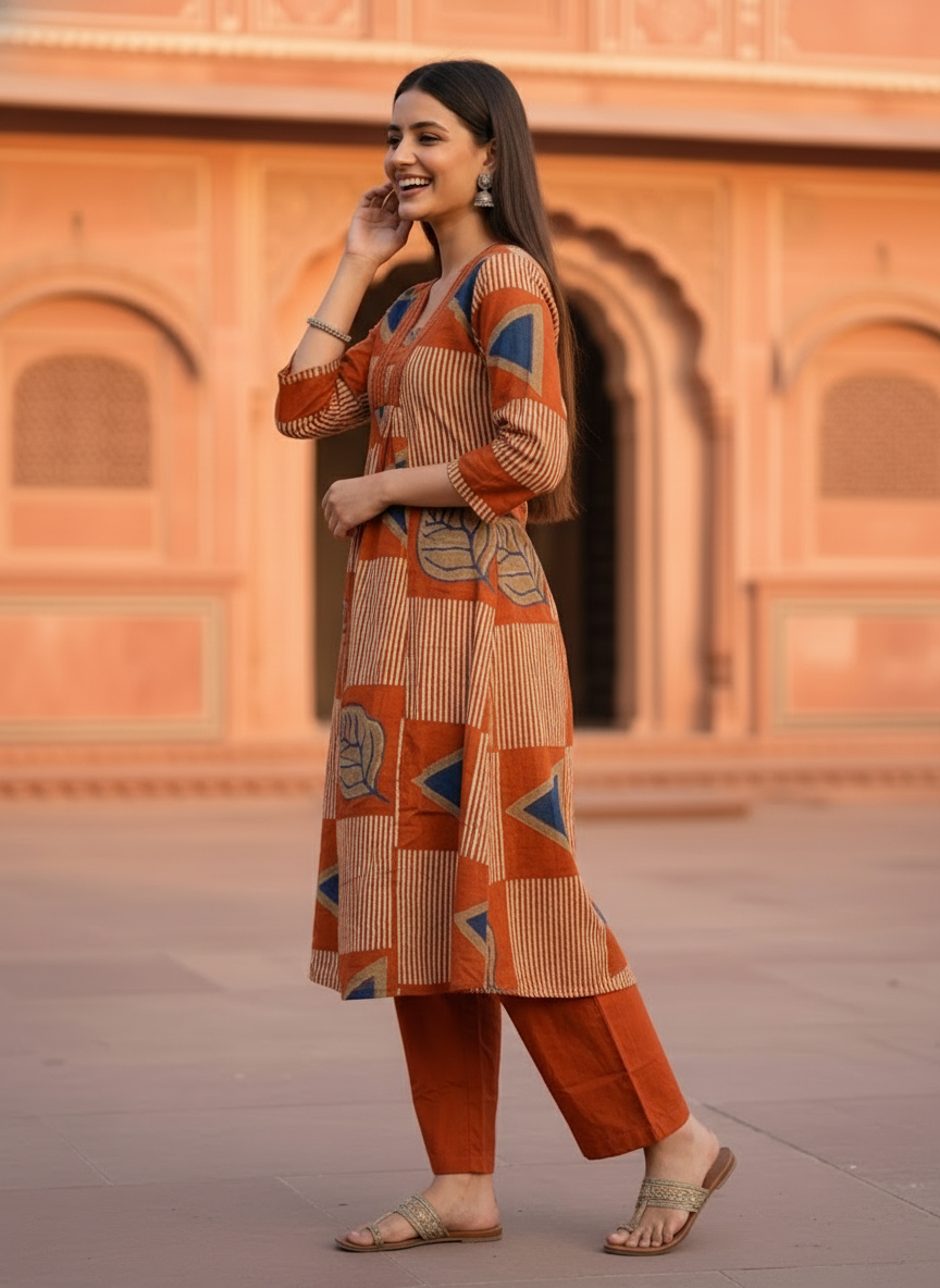 Abstract Printed A-line Kurta with Pyjamas- Rust