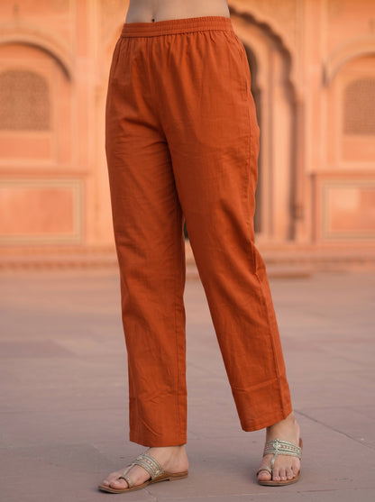 Abstract Printed A-line Kurta with Pyjamas- Rust