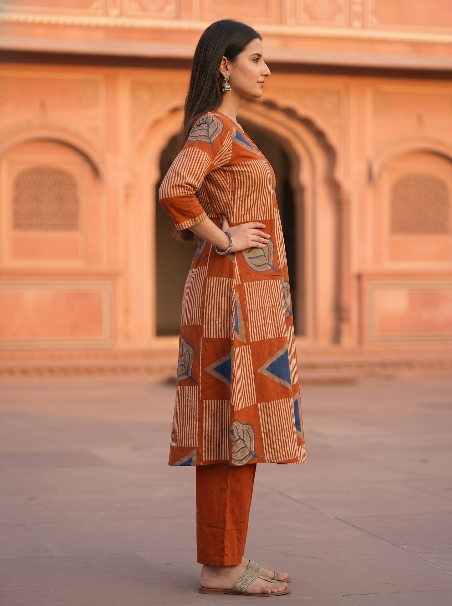 Abstract Printed A-line Kurta with Pyjamas- Rust
