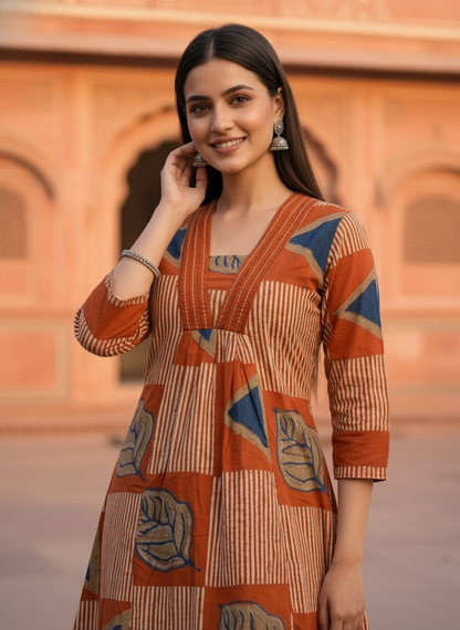Abstract Printed A-line Kurta with Pyjamas- Rust