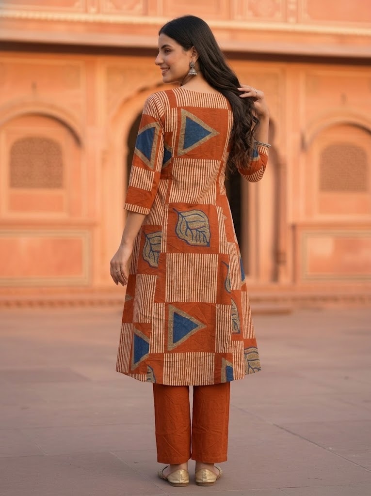 Abstract Printed A-line Kurta with Pyjamas- Rust