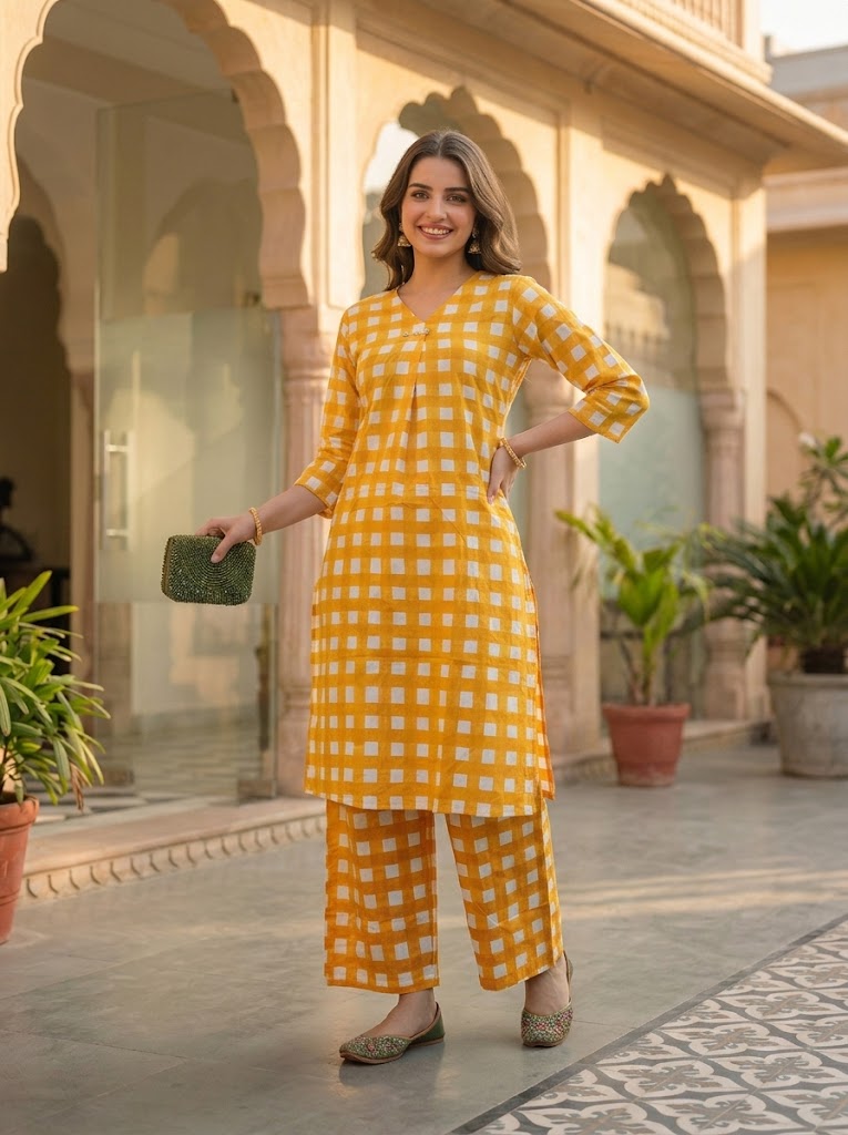 Abstract Printed Straight Kurta with Palazzo- Yellow