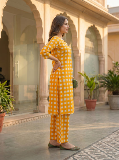 Abstract Printed Straight Kurta with Palazzo- Yellow