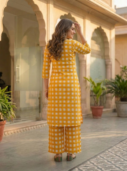 Abstract Printed Straight Kurta with Palazzo- Yellow