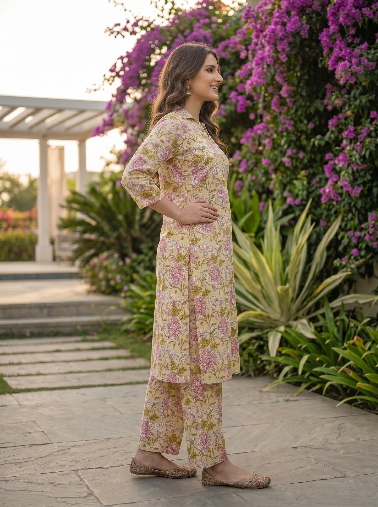 Kalamkari Printed Straight Kurta with Pyjamas- Yellow