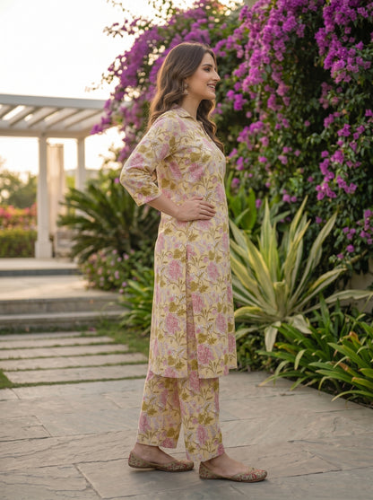 Kalamkari Printed Straight Kurta with Pyjamas- Yellow