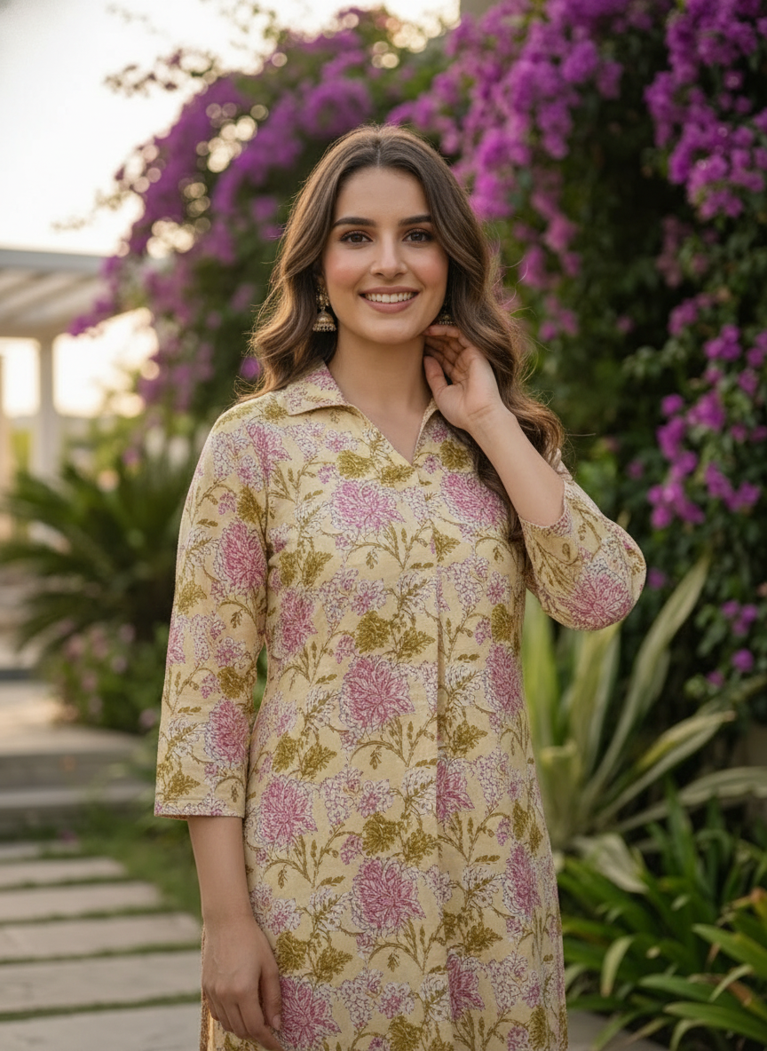 Kalamkari Printed Straight Kurta with Pyjamas- Yellow