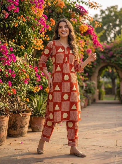Abstract Printed Straight Kurta with Pant- Rust