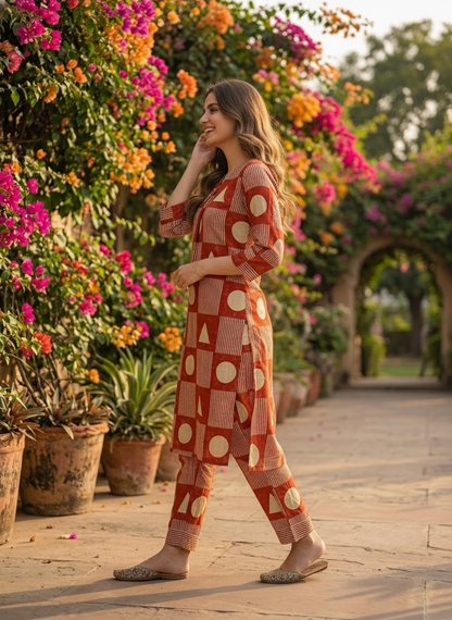Abstract Printed Straight Kurta with Pant- Rust