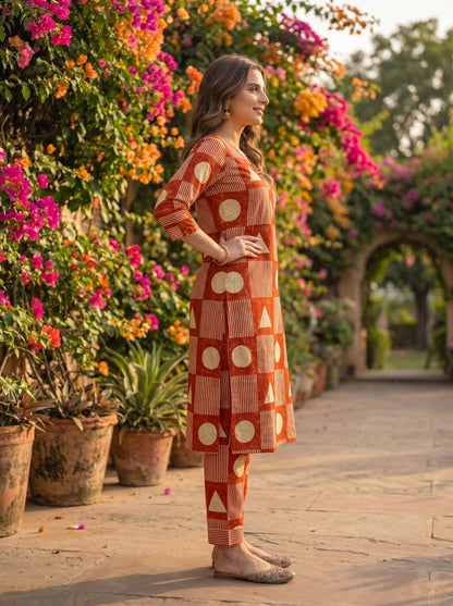 Abstract Printed Straight Kurta with Pant- Rust