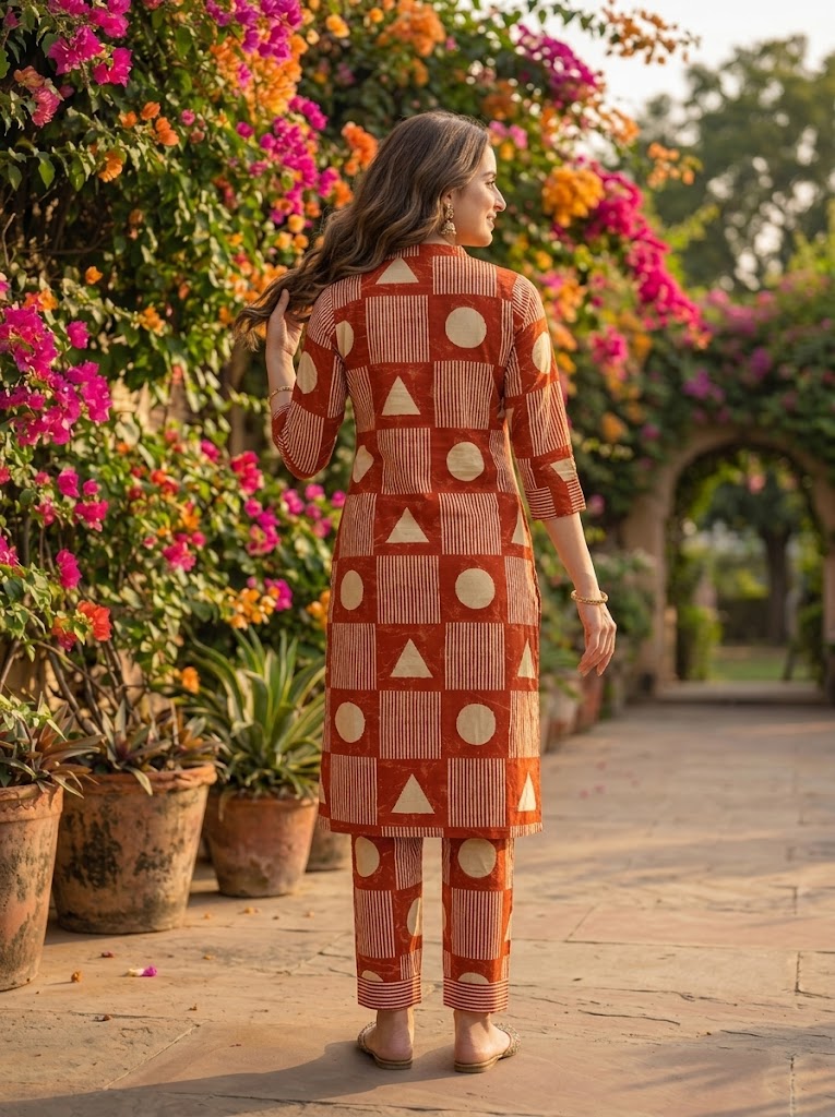 Abstract Printed Straight Kurta with Pant- Rust