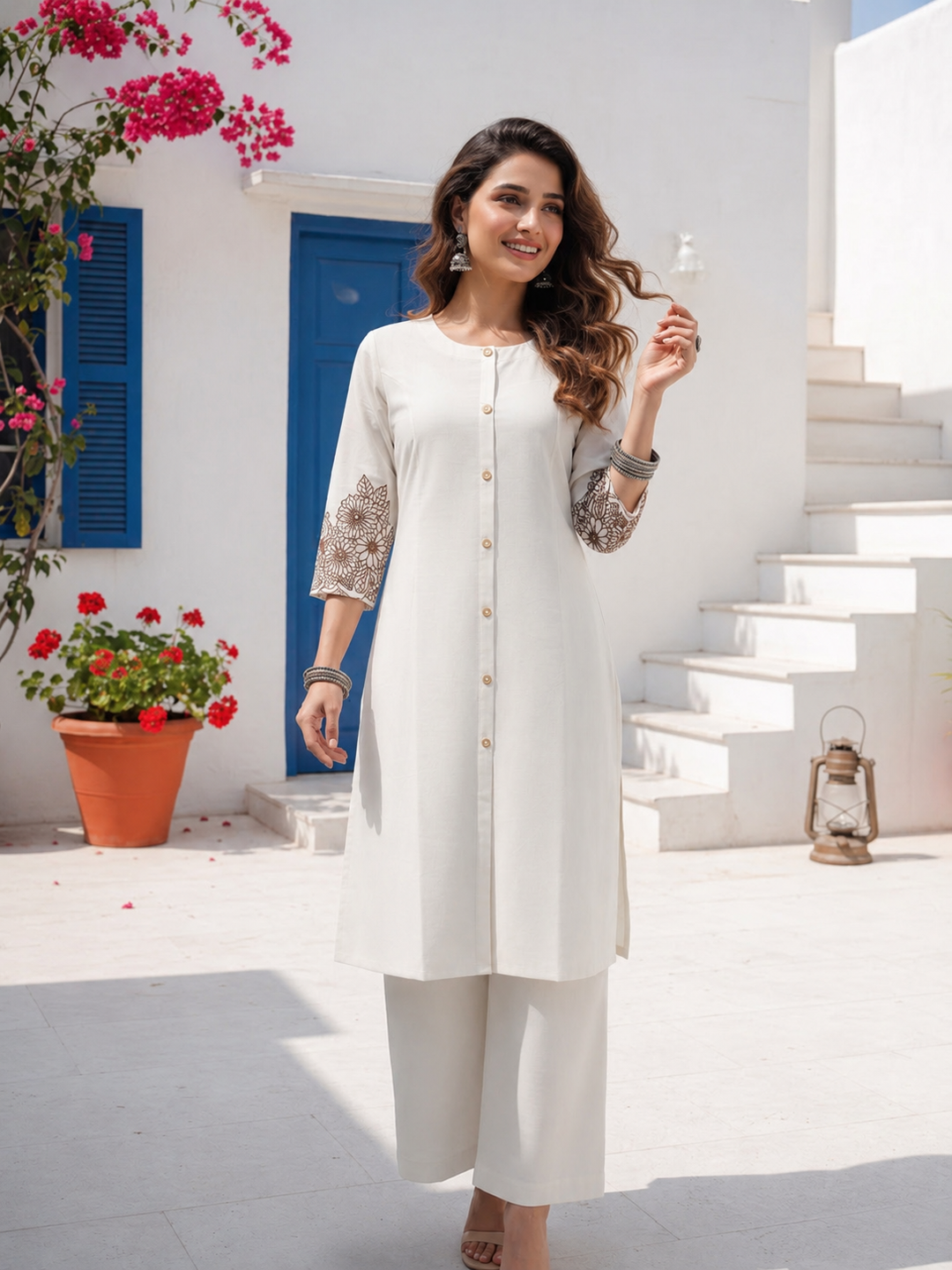 Solid Embroidered A-line Kurta with Palazzo- Off White