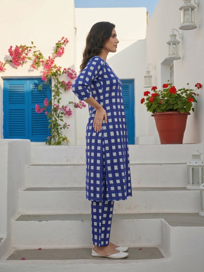 Abstract Printed Straight Kurta with Palazzo- Blue