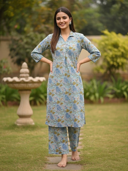 Kalamkari Printed Straight Kurta with Pyjamas- Blue