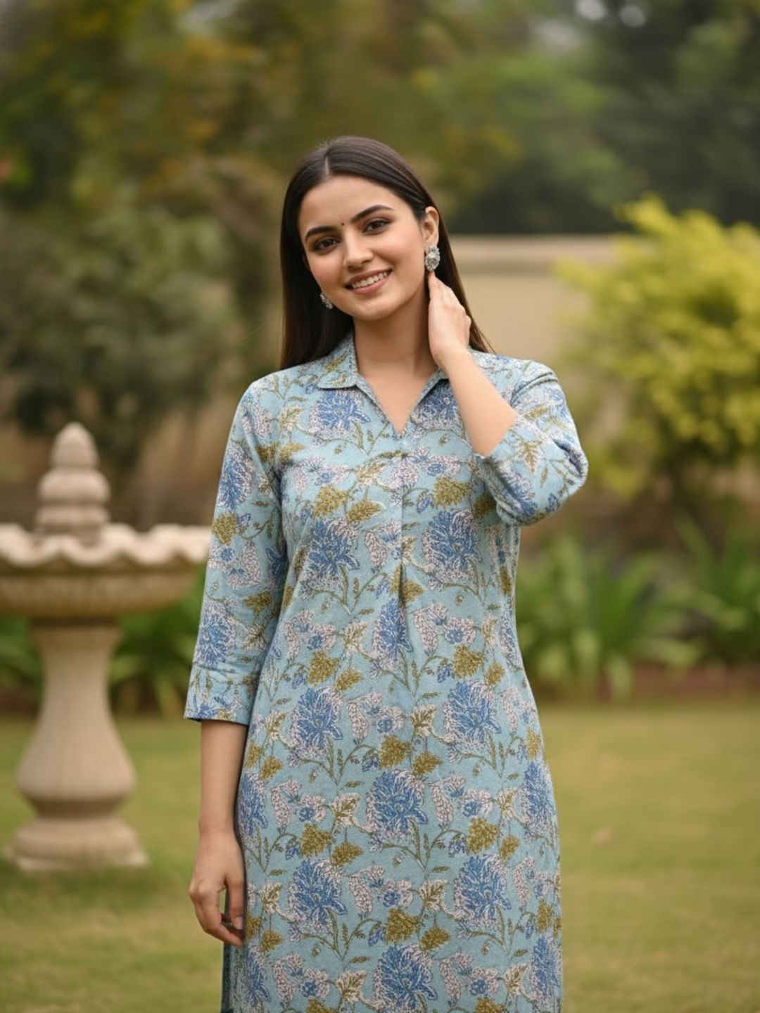 Kalamkari Printed Straight Kurta with Pyjamas- Blue