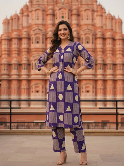 Abstract Printed Straight Kurta with Pant- Blue