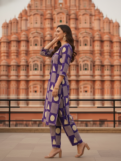 Abstract Printed Straight Kurta with Pant- Blue