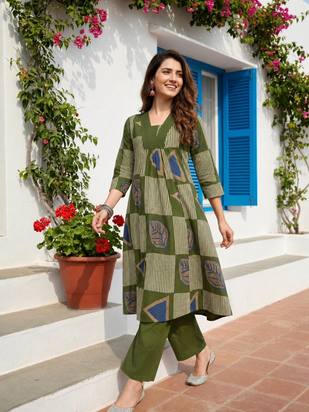 Abstract Printed A-line Kurta with Pyjamas- Olive