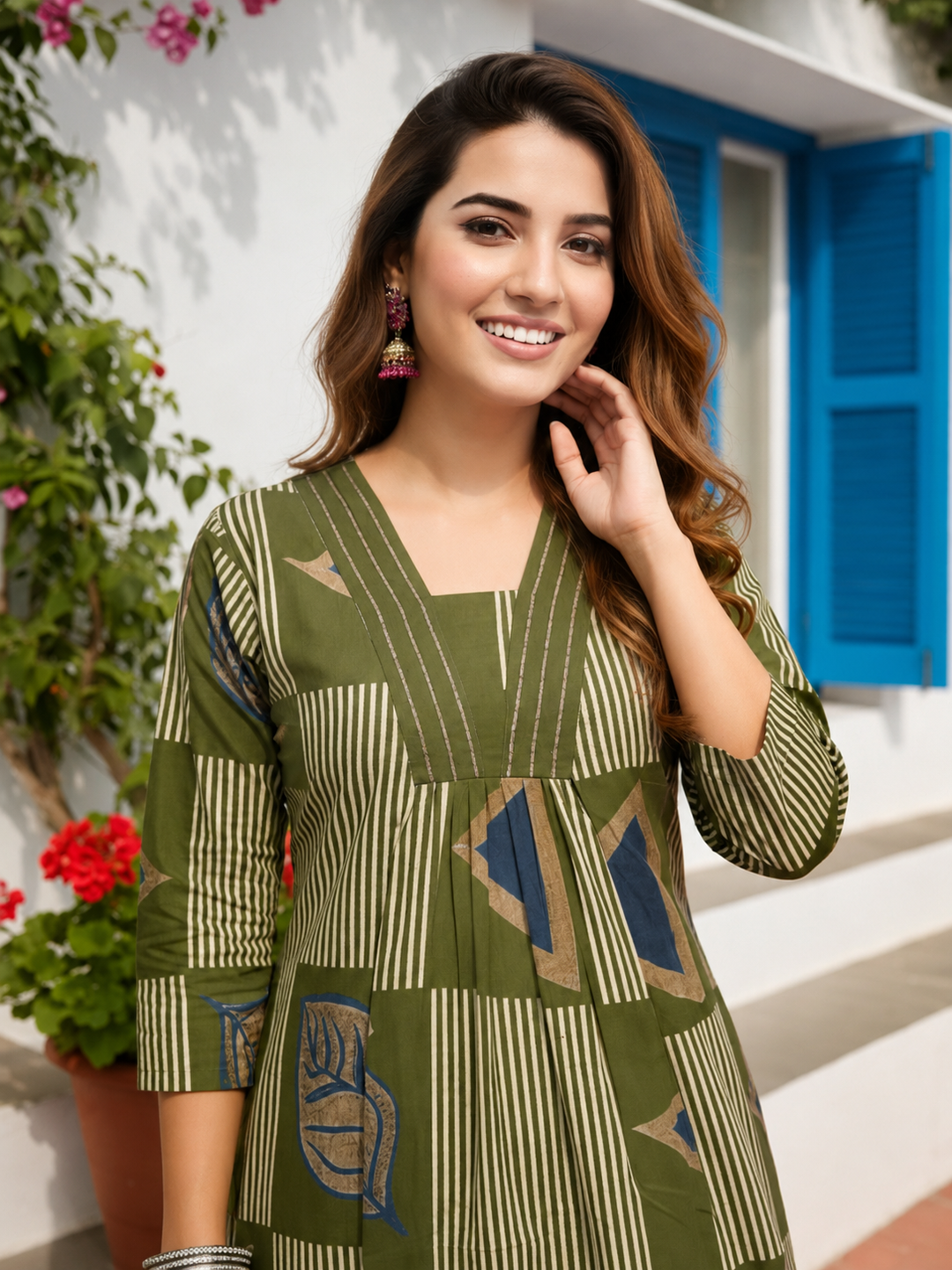 Abstract Printed A-line Kurta with Pyjamas- Olive