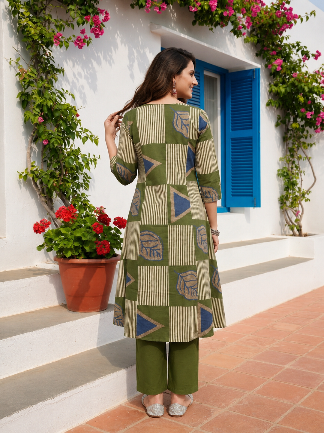 Abstract Printed A-line Kurta with Pyjamas- Olive