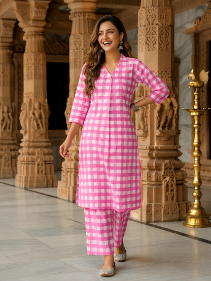 Abstract Printed Straight Kurta with Palazzo- Pink