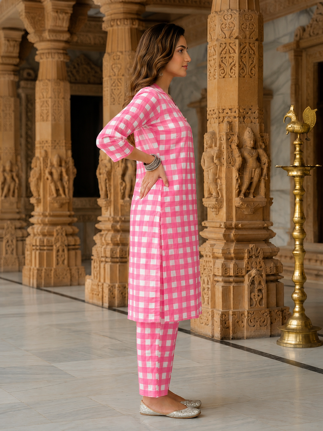 Abstract Printed Straight Kurta with Palazzo- Pink