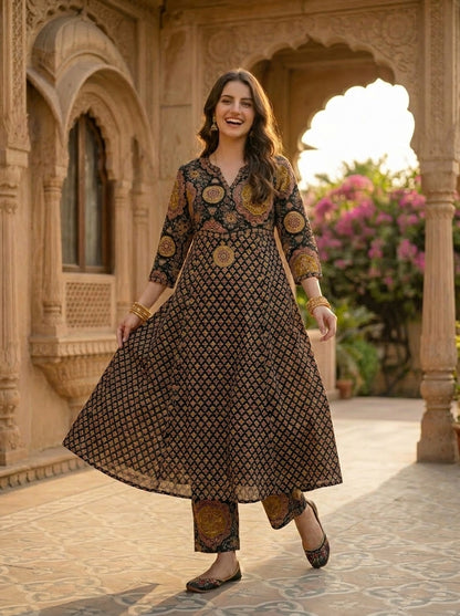 Printed A-line Kurta with Pyjamas and Dupatta- Multi