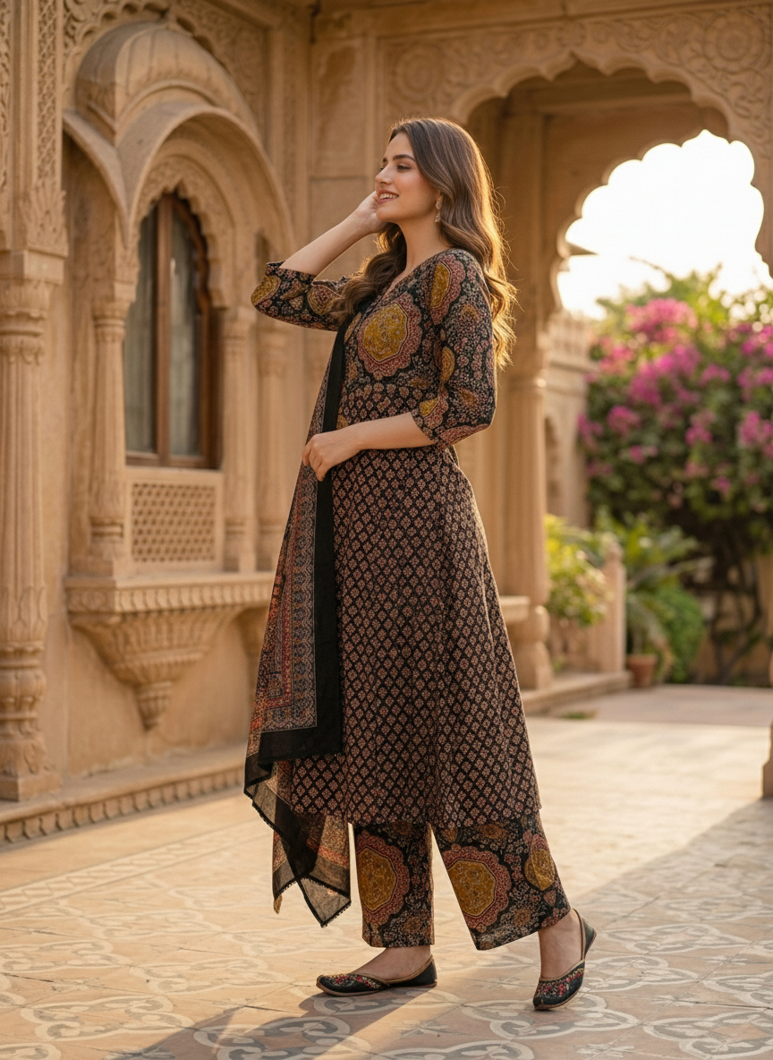 Printed A-line Kurta with Pyjamas and Dupatta- Multi