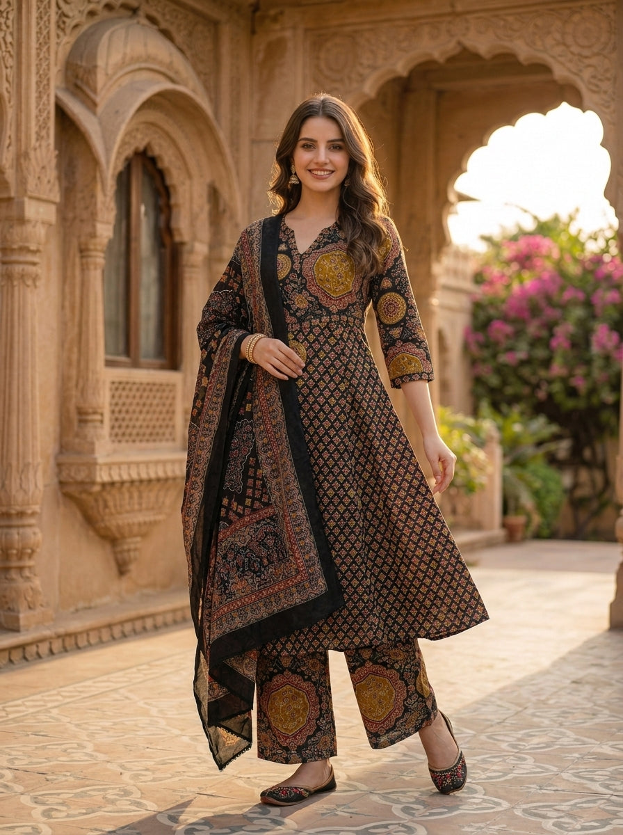 Printed A-line Kurta with Pyjamas and Dupatta- Multi