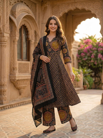 Printed A-line Kurta with Pyjamas and Dupatta- Multi