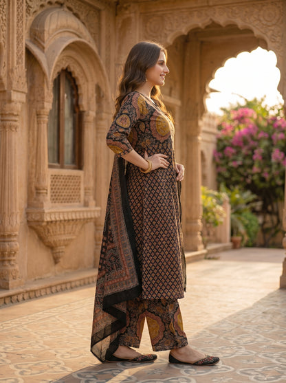 Printed A-line Kurta with Pyjamas and Dupatta- Multi