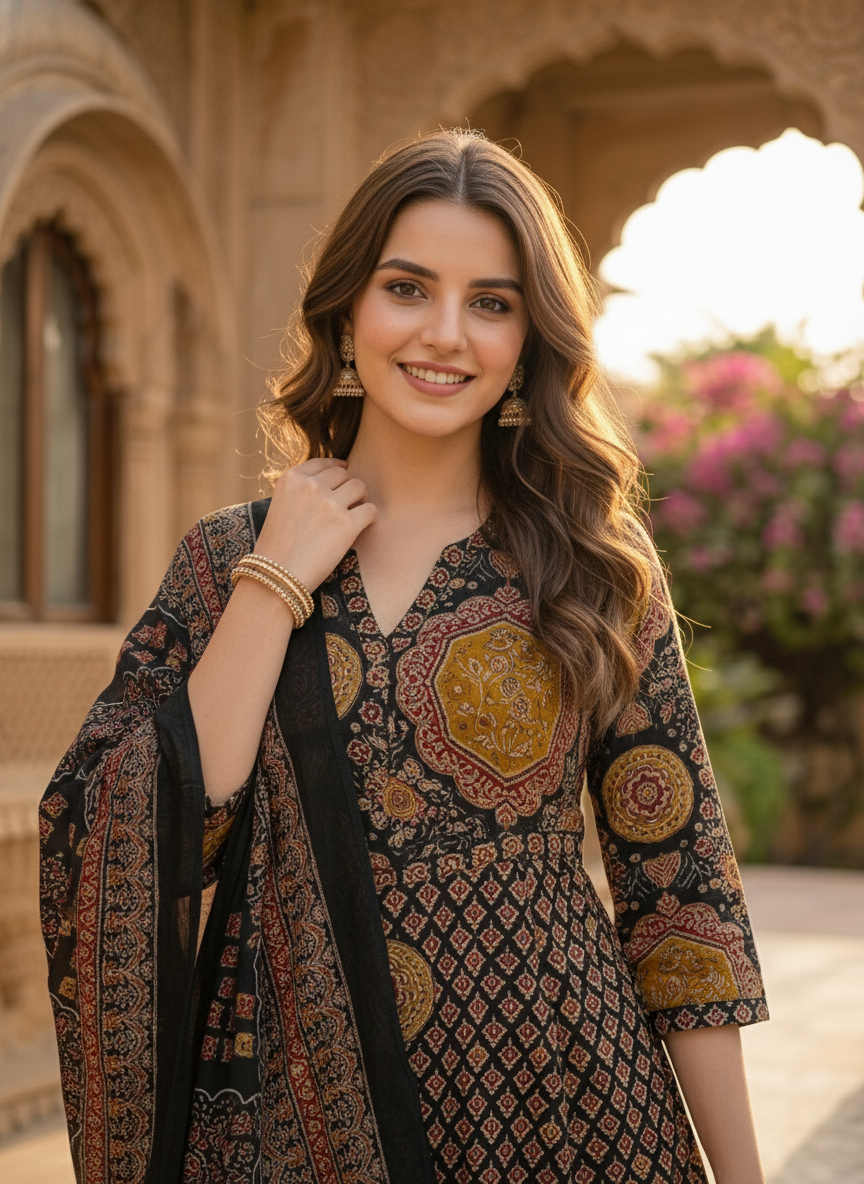 Printed A-line Kurta with Pyjamas and Dupatta- Multi