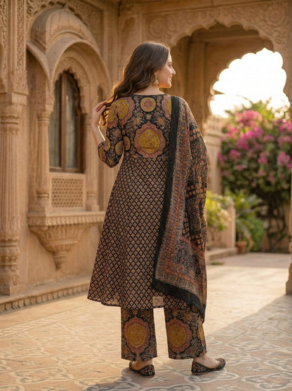 Printed A-line Kurta with Pyjamas and Dupatta- Multi