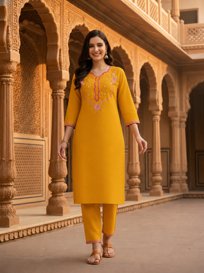 Solid Embroidered Mirror Work Straight Kurta with Pyjamas and Dupatta- Mustard