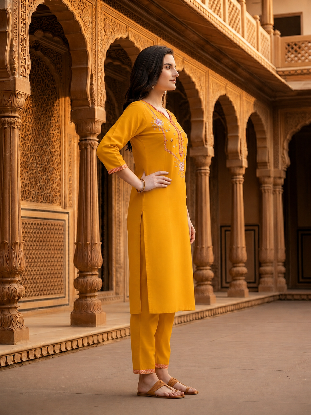 Solid Embroidered Mirror Work Straight Kurta with Pyjamas and Dupatta- Mustard