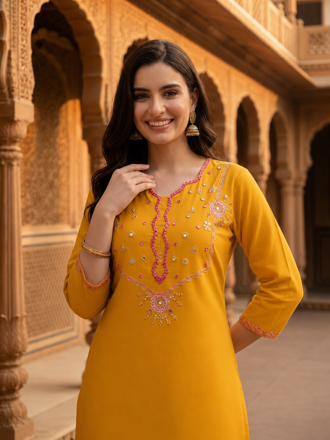 Solid Embroidered Mirror Work Straight Kurta with Pyjamas and Dupatta- Mustard